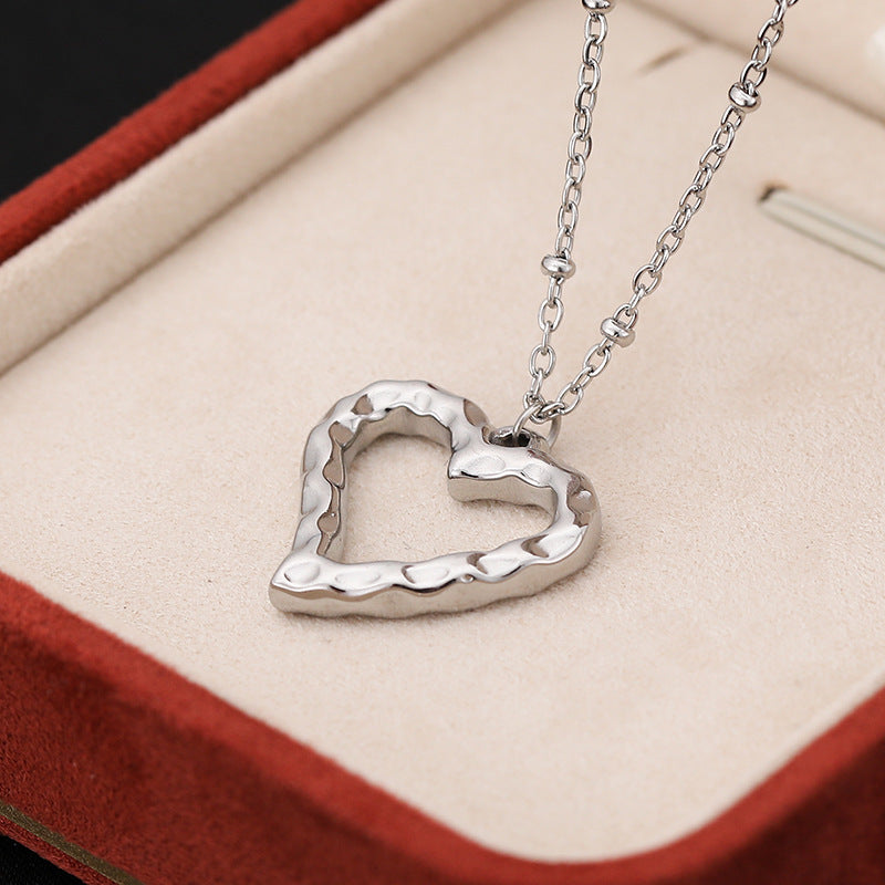 Hollow Heart Bead Necklace - Silver