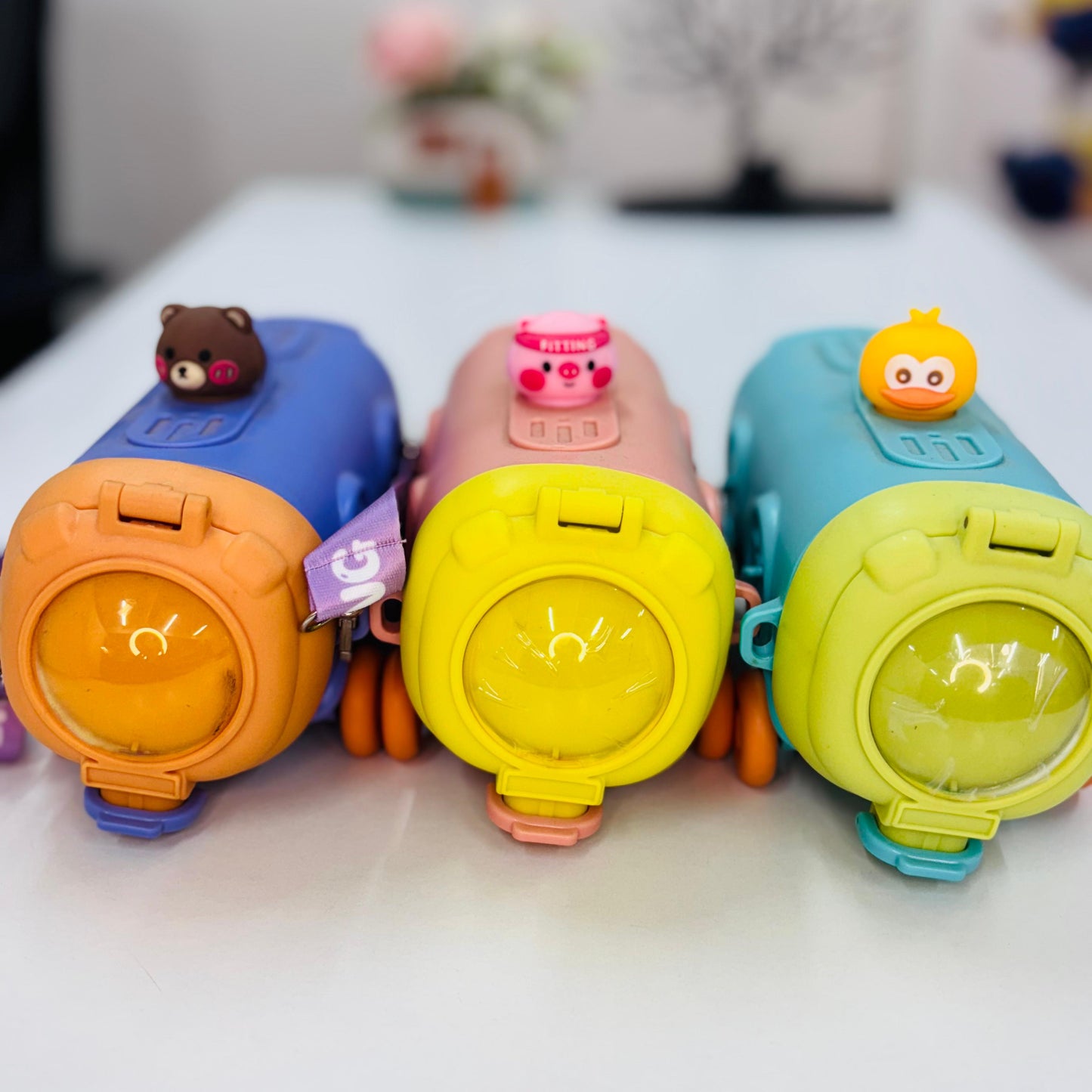 Water Bottle with Wheels and Duck Design