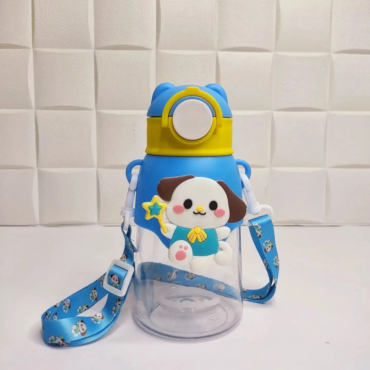 Cartoon Design Water Bottle with Straw & Strap