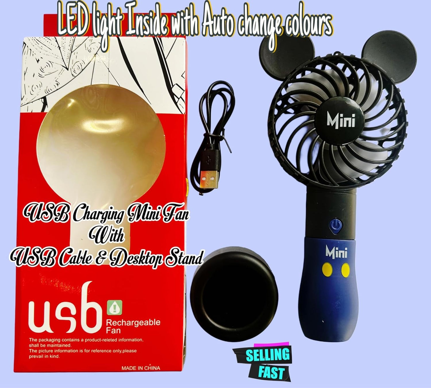 Cartoon Mini Fan USB Rechargeable light portable desk