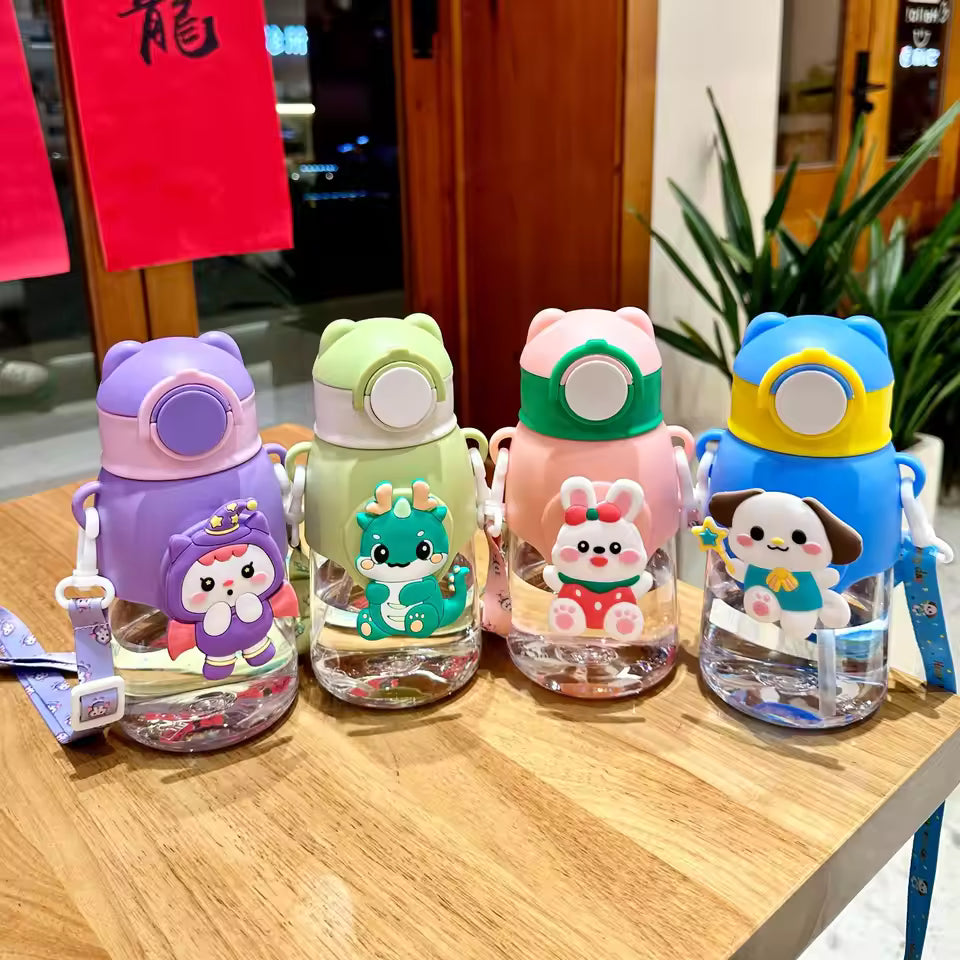 Cartoon Design Water Bottle with Straw & Strap