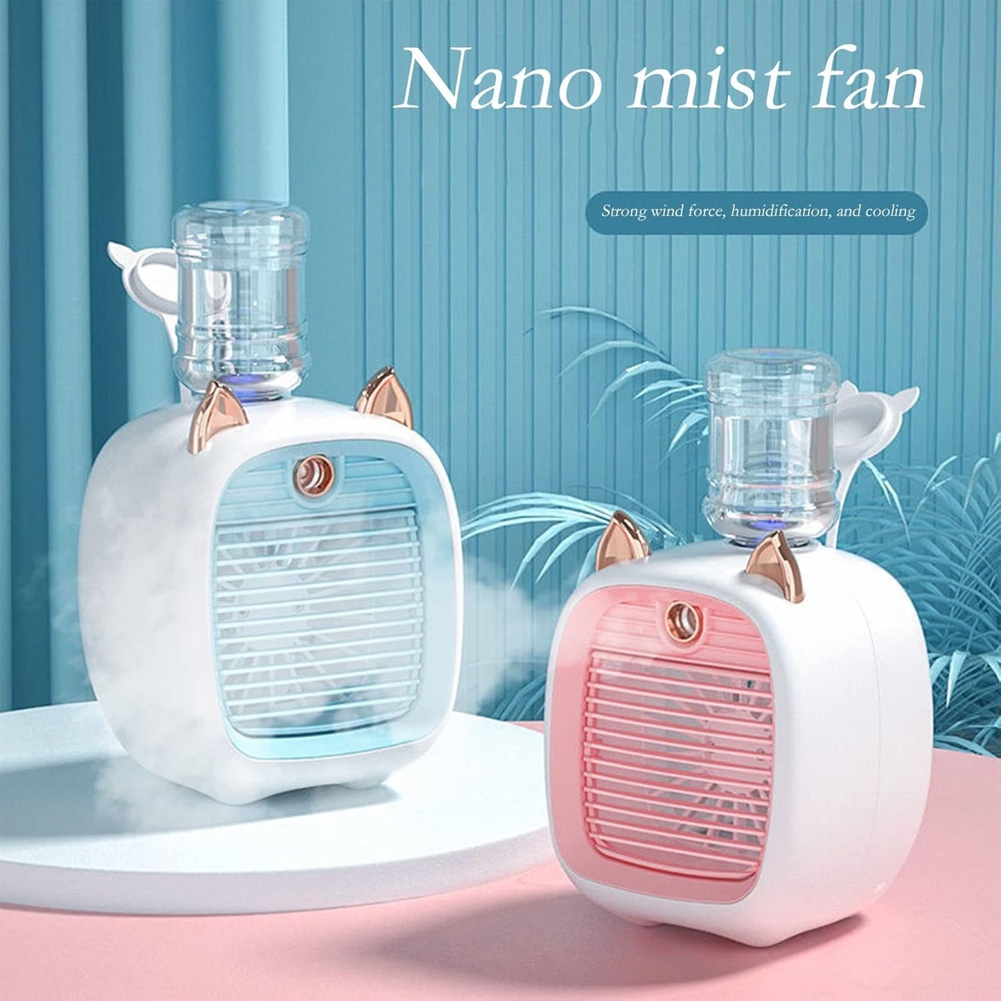 Mini Desktop Fan with Humidifier 3 Speeds, LED Light USB Rechargeable