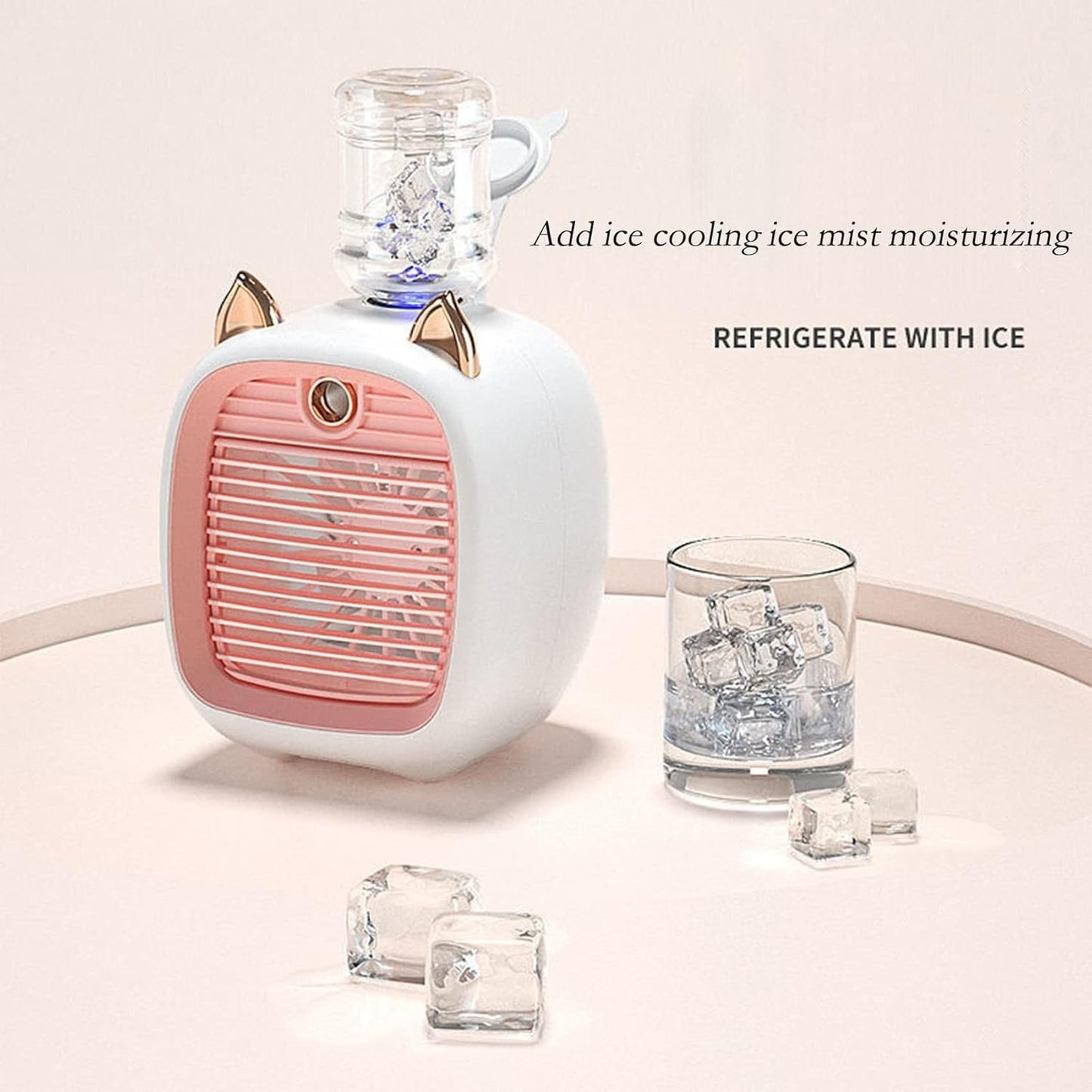 Mini Desktop Fan with Humidifier 3 Speeds, LED Light USB Rechargeable