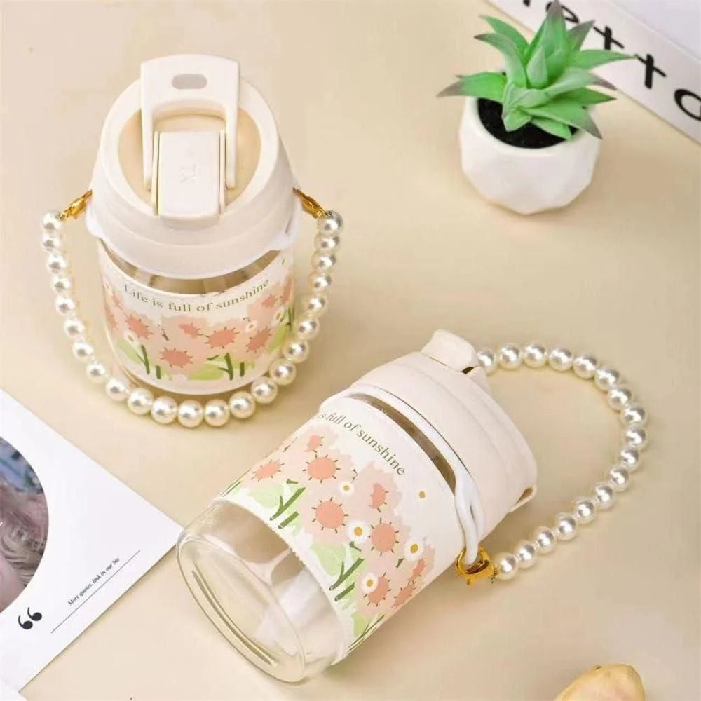 Glass Travel Sipper with Pearl Chain Belt & Sleeve