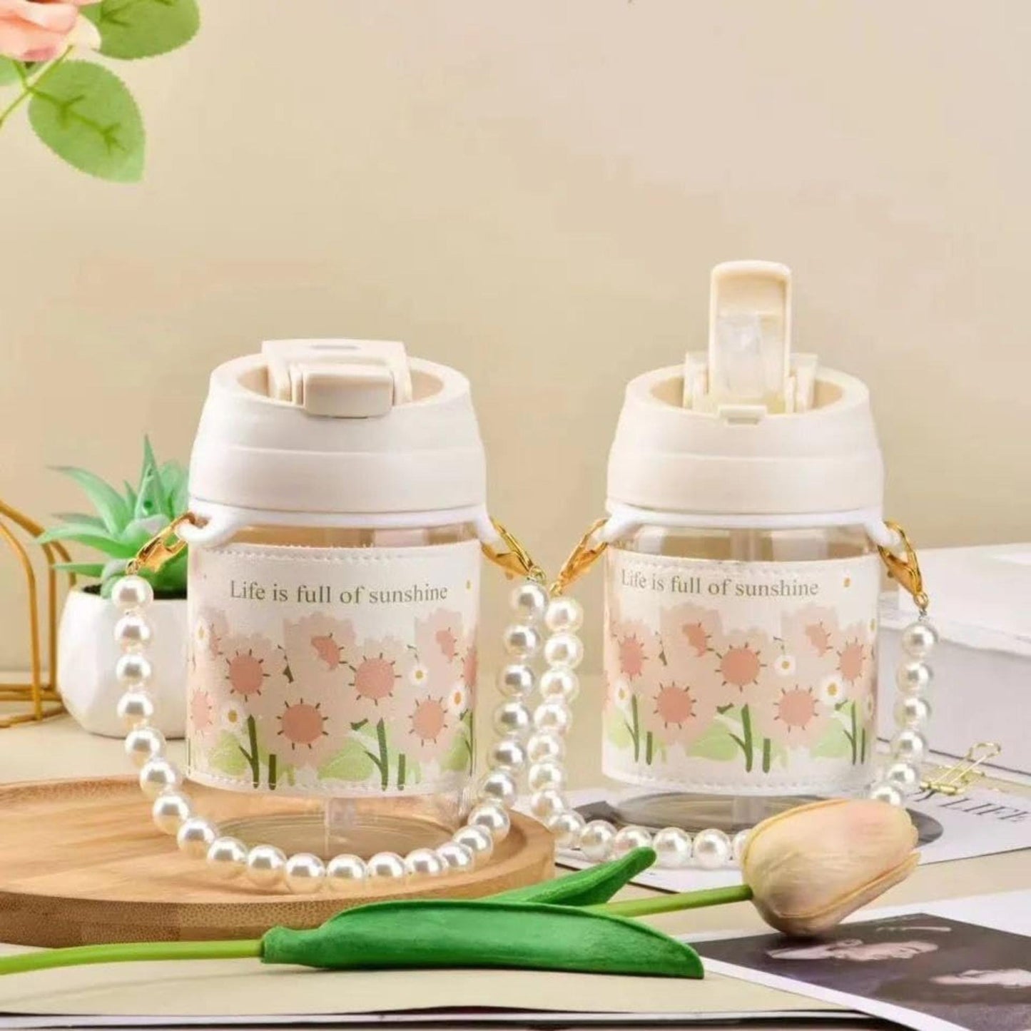 Glass Travel Sipper with Pearl Chain Belt & Sleeve
