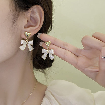 French White Earrings, Sweet Bow Heart Earrings