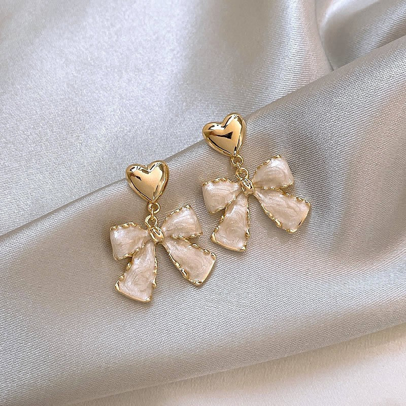 French White Earrings, Sweet Bow Heart Earrings