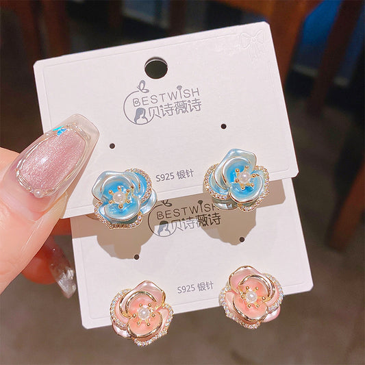 Pink Rose Flower Pearl Earrings