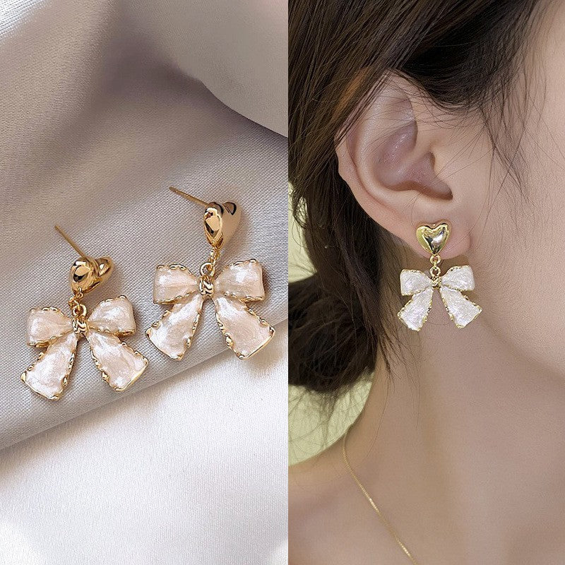 French White Earrings, Sweet Bow Heart Earrings