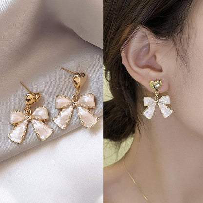 French White Earrings, Sweet Bow Heart Earrings