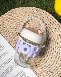 Cute Glass HOHOHO Sipper With Pearl Chain (350ML)