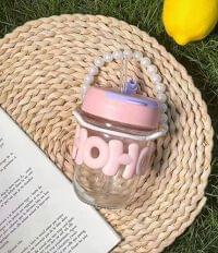 Cute Glass HOHOHO Sipper With Pearl Chain (350ML)