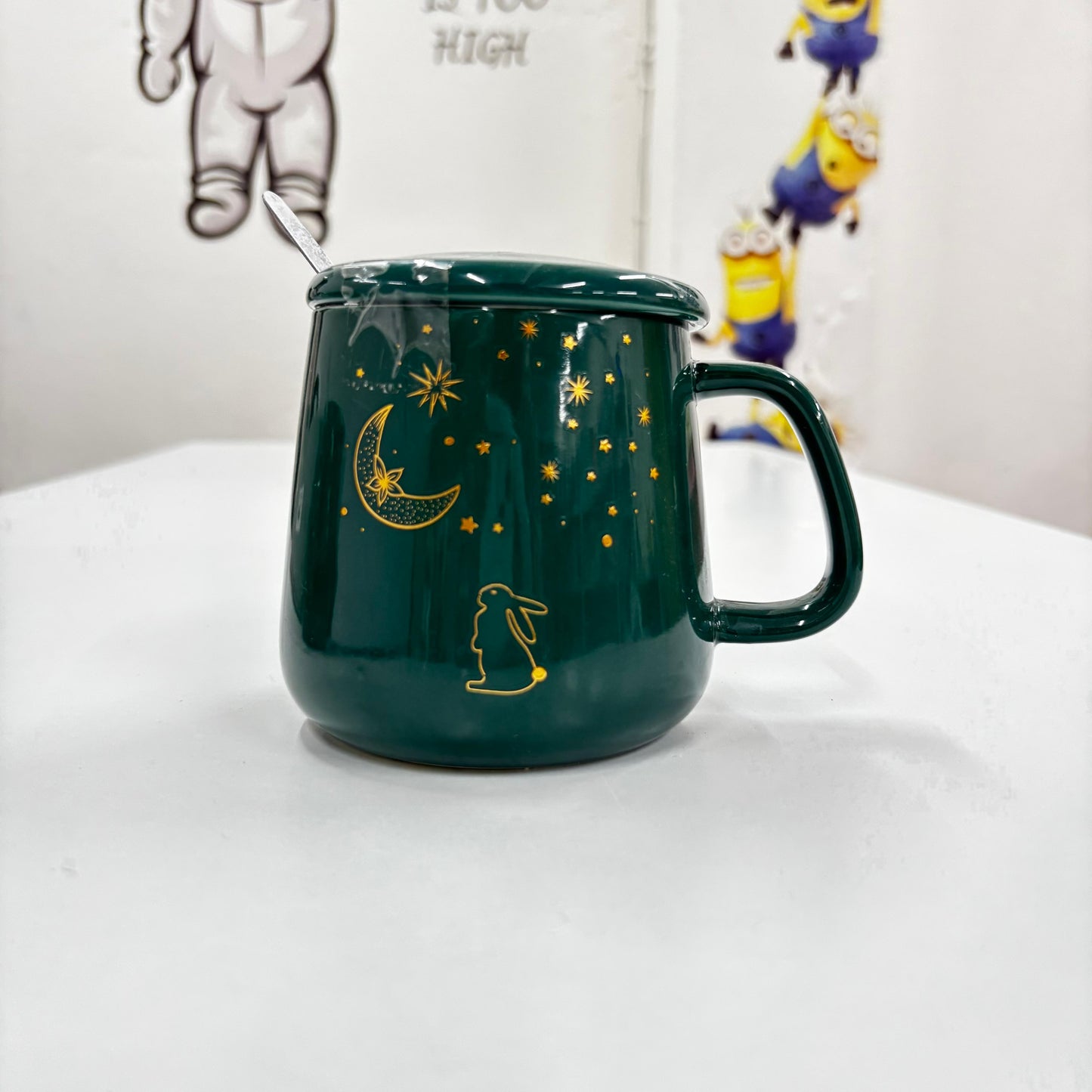 Stars Ceramic Cup with lid Spoon