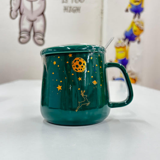 Stars Ceramic Cup with lid Spoon
