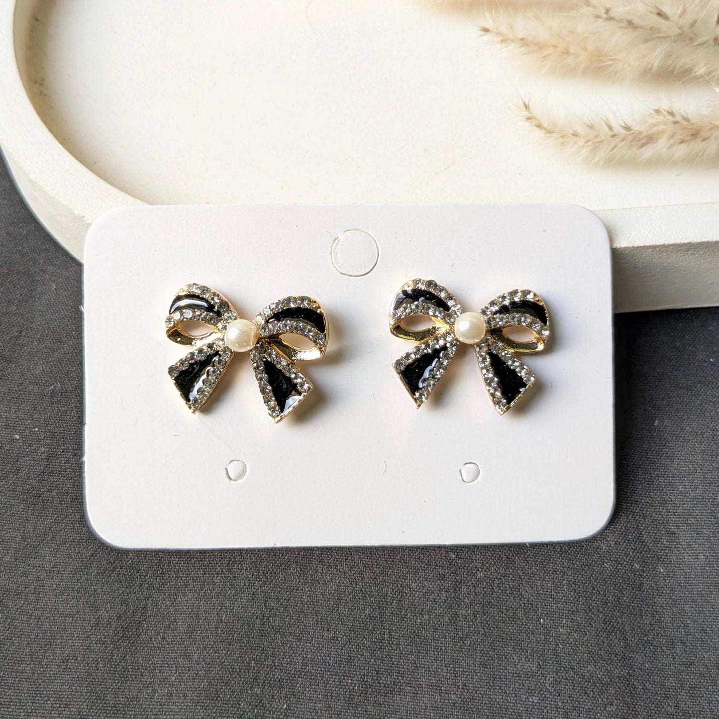 Black Bow Pearl Stud Earrings
