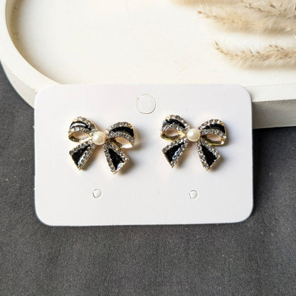 Black Bow Pearl Stud Earrings