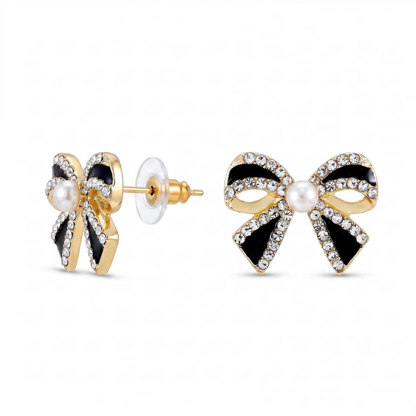 Black Bow Pearl Stud Earrings