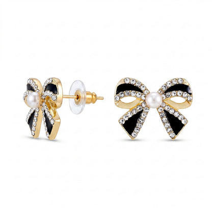 Black Bow Pearl Stud Earrings