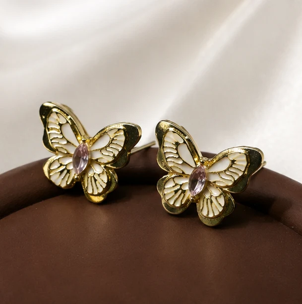 Elegant Gold Butterfly Enamel Earrings
