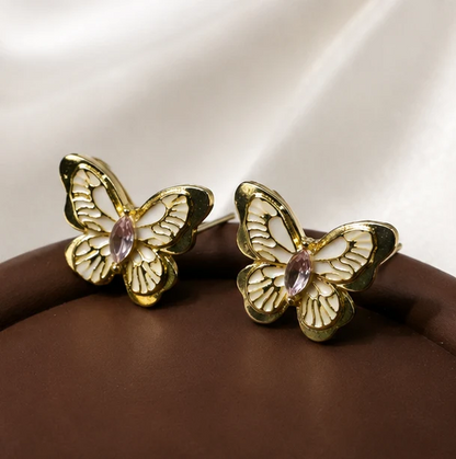 Elegant Gold Butterfly Enamel Earrings