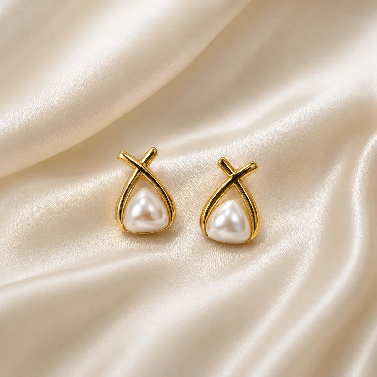 Golden Cross-Frame Pearl Earrings