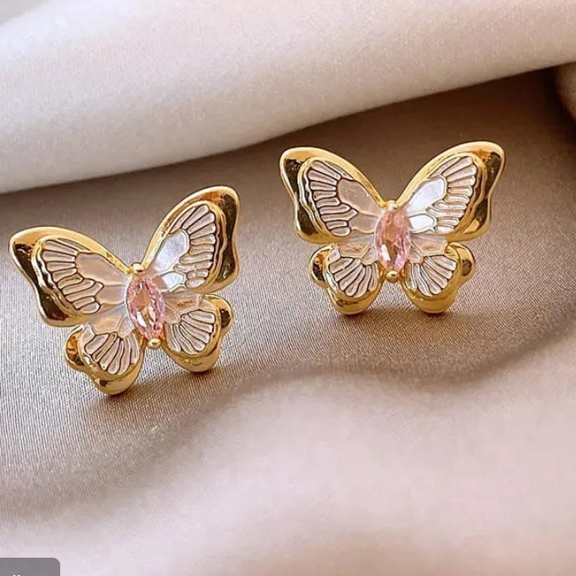 Elegant Gold Butterfly Enamel Earrings
