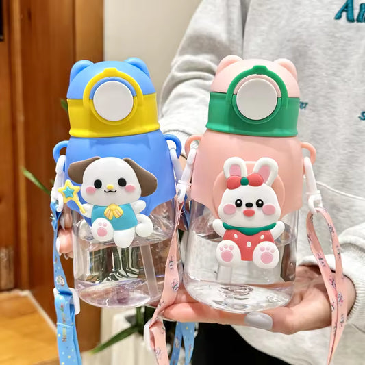 Cartoon Design Water Bottle with Straw & Strap