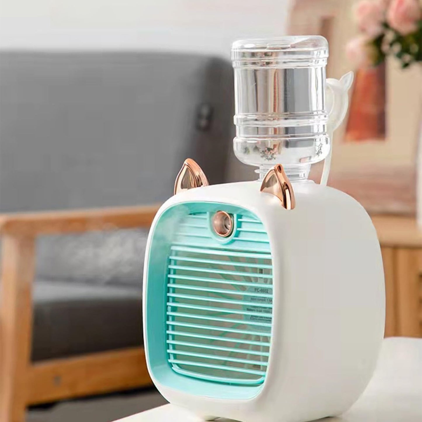 Mini Desktop Fan with Humidifier 3 Speeds, LED Light  USB Rechargeable