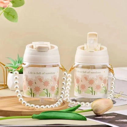 Glass Travel Sipper with Pearl Chain Belt & Sleeve