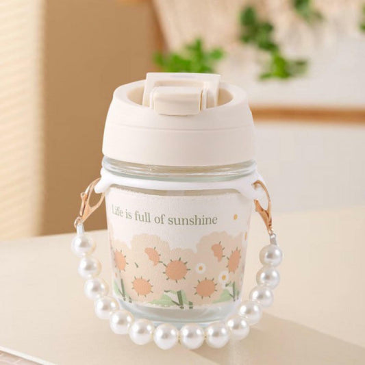 Glass Travel Sipper with Pearl Chain Belt & Sleeve